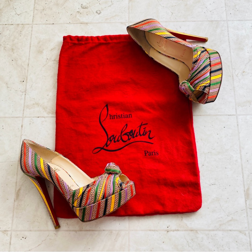 Christian Louboutin Made in Italy Rasta Damas Greissimo Satin Pumps Heels Size 7